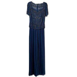 PISARRO NIGHTS Navy Sequenced Bodice Formal Wide-leg Pant Suit - US Size 6